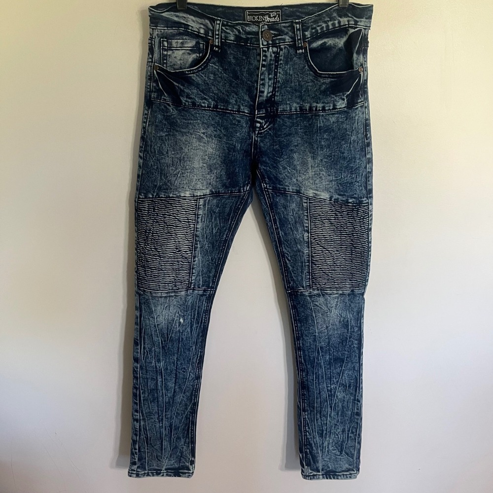 Broken Threads Mens Acid Wash Biker‎ Moto Jeans Slim Fit Blue 33x32 Ribbed Knee